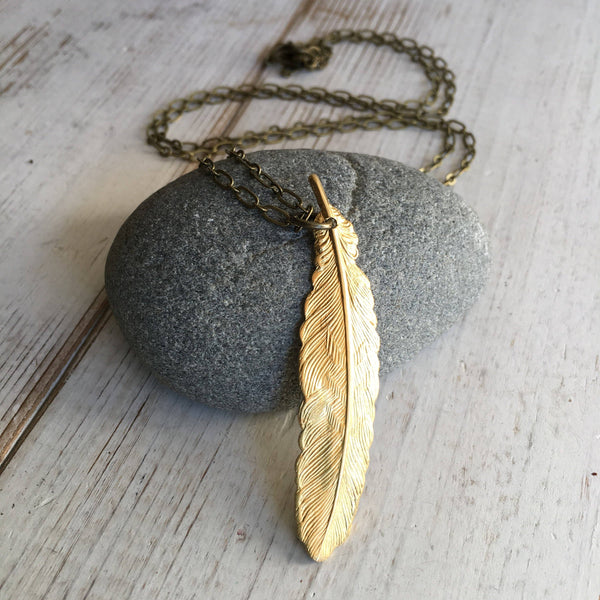 Gold Feather Necklace Bohemian Feather Jewelry 26 inches